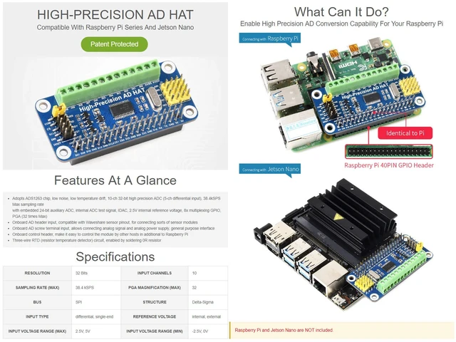 Alt view image 2 of 6 - Waveshare High-Precision AD HAT, Compatible with Raspberry Pi 5/4B/3B/Zero/Zero W/Zero 2W/Pico/Pico W/Pico WH and Jetson Nano, ADS1263 10-ch 32-bit ADC