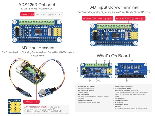 Alt view image 3 of 6 - Waveshare High-Precision AD HAT, Compatible with Raspberry Pi 5/4B/3B/Zero/Zero W/Zero 2W/Pico/Pico W/Pico WH and Jetson Nano, ADS1263 10-ch 32-bit ADC