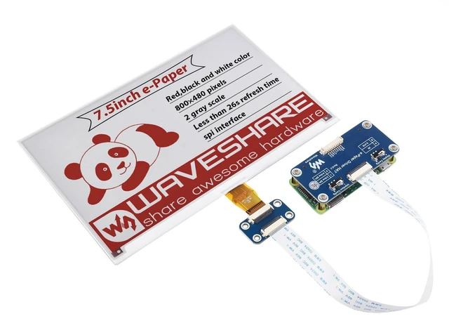 Main image of Waveshare 7.5inch E-Paper E-Ink Display HAT Compatible with Raspberry Pi 5/4B/3B/Zero/Zero W/Zero 2W/Pico/Pico W/Pico WH, 800×480 Pixels Red/Black/White Three-Color SPI Interface