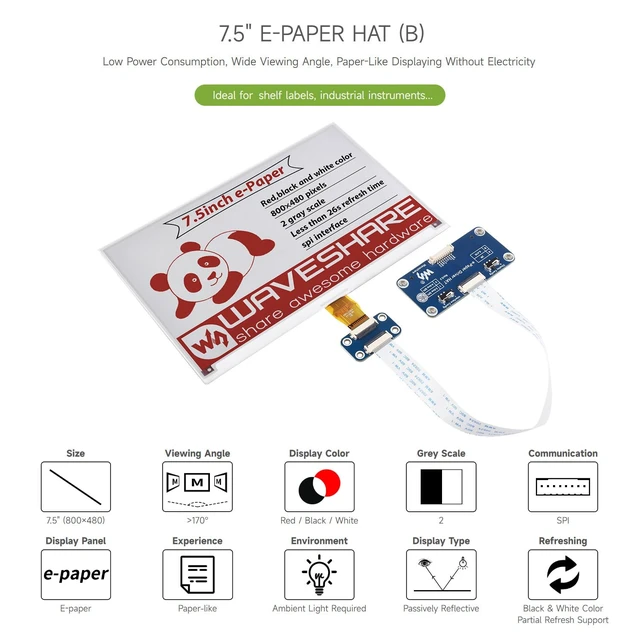 Alt view image 3 of 7 - Waveshare 7.5inch E-Paper E-Ink Display HAT Compatible with Raspberry Pi 5/4B/3B/Zero/Zero W/Zero 2W/Pico/Pico W/Pico WH, 800×480 Pixels Red/Black/White Three-Color SPI Interface