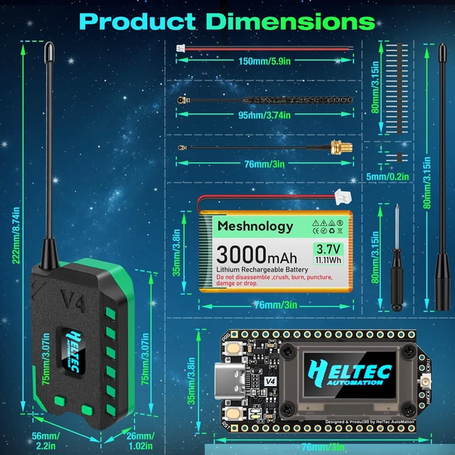 Alt view image 7 of 7 - Meshnology ESP32 LoRa V4 Kit, 915MHz ESP32-S3 SX1262, 2PCS | 28dBm LoRa radio, 16MB Flash, 2MB PSRAM, 3000mAh Battery, Case, Antenna, Firmware Setup for Ar duino LoRaWAN IoT