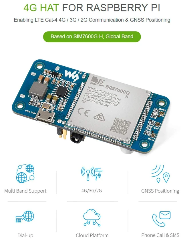 Alt view image 2 of 7 - SIM7600G-H 4G HAT Module for Raspberry Pi and PC,Support LTE Cat-4 4G 3G 2G Communication and GNSS Positioning,Global Band,up to 50Mbps Uplink, 150Mbps Downlink