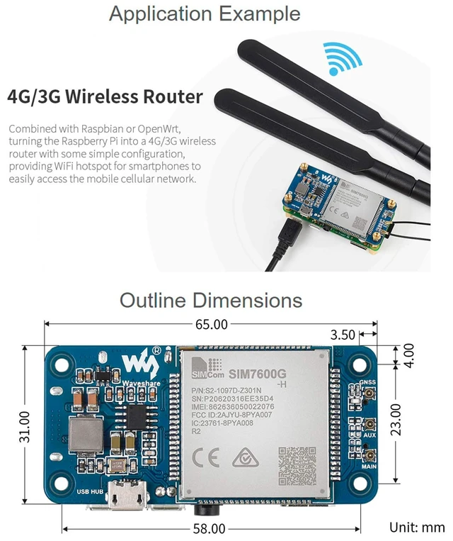 Alt view image 5 of 7 - SIM7600G-H 4G HAT Module for Raspberry Pi and PC,Support LTE Cat-4 4G 3G 2G Communication and GNSS Positioning,Global Band,up to 50Mbps Uplink, 150Mbps Downlink