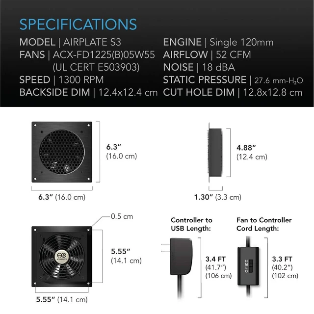 Alt view image 6 of 7 - AC Infinity AIRPLATE S3, Quiet Cabinet Cooling Fan 6" w/ Speed Controller | Premium Brushed Aluminum Finish, Ultra-Quiet Dual-Ball Beating Fans, UL-Certified for Home Theater AV Cabinets
