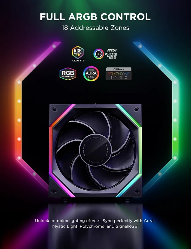 Alt view image 5 of 7 - AsiaHorse Nyota Pro 120mm PC Fans ARGB PWM, Modular Daisy-Chain Design, Dual-Zone Asynchronous Lighting, 18 Addressable LEDs, 2000RPM High Airflow 61.5CFM, Low Noise 29dB, for PC Case & Liquid Cooler