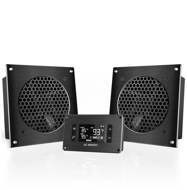 Main image of AC Infinity AIRPLATE T8, Quiet Cabinet Cooling Dual-Fan System 6" | With Temperature and Speed Controller, Premium Brushed Aluminum Finish, UL-Certified Fans for Home Theater AV Cabinets