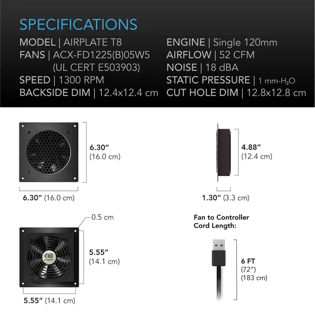 Alt view image 6 of 7 - AC Infinity AIRPLATE T8, Quiet Cabinet Cooling Dual-Fan System 6" | With Temperature and Speed Controller, Premium Brushed Aluminum Finish, UL-Certified Fans for Home Theater AV Cabinets
