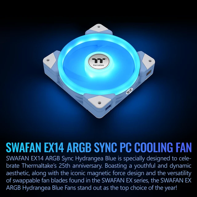 Alt view image 2 of 6 - Thermaltake SWAFAN EX 14 ARGB 140mm Cooling Fan, Hydrangea Blue, 3-Fan pcak, 500~2000 RPM, Magnetic Connection, Reversable Blades, sync with MB RGB Software, CL-F184-PL14BU-A