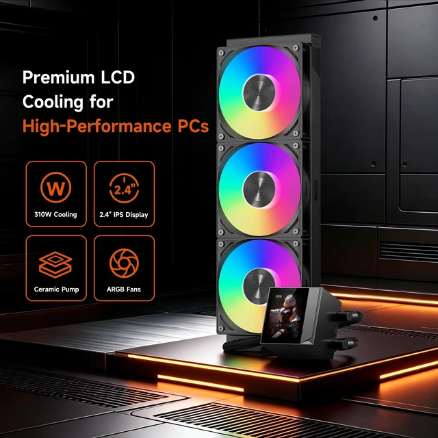 Alt view image 2 of 7 - PCCOOLER DC360 Pro 360mm AIO CPU Cooler, 2.4" IPS LCD, 310W, ARGB, Black | 240×320 IPS Screen. 2600 RPM Ceramic Pump, 90.56 CFM 4.07 mmHO ARGB Fans, Supports Intel LGA1851/1700/1200/115X &AMD AM5/AM4