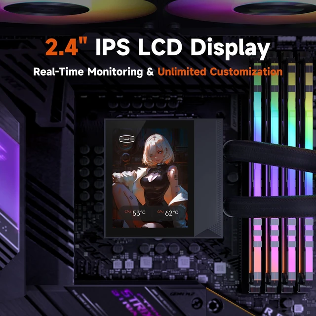 Alt view image 4 of 7 - PCCOOLER DC360 Pro 360mm AIO CPU Cooler, 2.4" IPS LCD, 310W, ARGB, Black | 240×320 IPS Screen. 2600 RPM Ceramic Pump, 90.56 CFM 4.07 mmHO ARGB Fans, Supports Intel LGA1851/1700/1200/115X &AMD AM5/AM4