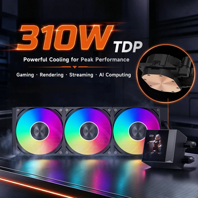 Alt view image 3 of 7 - PCCOOLER DC360 Pro 360mm AIO CPU Cooler, 2.4" IPS LCD, 310W, ARGB, Black | 240×320 IPS Screen. 2600 RPM Ceramic Pump, 90.56 CFM 4.07 mmHO ARGB Fans, Supports Intel LGA1851/1700/1200/115X &AMD AM5/AM4
