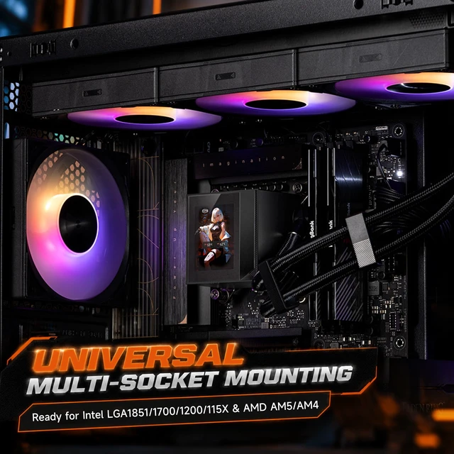 Alt view image 6 of 7 - PCCOOLER DC360 Pro 360mm AIO CPU Cooler, 2.4" IPS LCD, 310W, ARGB, Black | 240×320 IPS Screen. 2600 RPM Ceramic Pump, 90.56 CFM 4.07 mmHO ARGB Fans, Supports Intel LGA1851/1700/1200/115X &AMD AM5/AM4