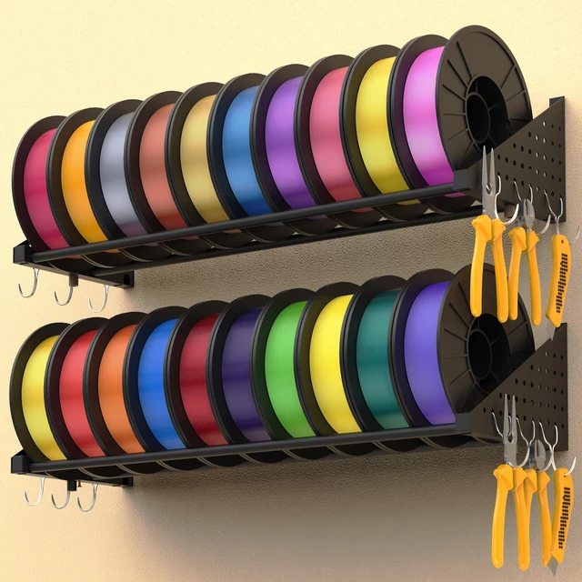 Main image of 2 Racks 3D Printer Filament Storage Rack Wall Mount Shelf Holds 20 Spools 1kg Spools Heavy Duty 60kg Capacity with Pegboard Side Panels Filament Rack 3D Filament Storage Accessories Organizer