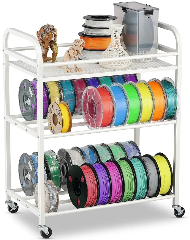 Main image of AHOWPD 3D Printer Filament Storage Rack, Rolling Cart for 40pcs Filaments | 3-tier heavy duty metal 3d printing filaments organizer with Wheels, Spool holders for PLA/ABS/TPU, White