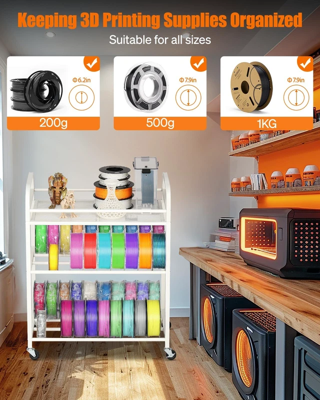 Alt view image 2 of 6 - AHOWPD 3D Printer Filament Storage Rack, Rolling Cart for 40pcs Filaments | 3-tier heavy duty metal 3d printing filaments organizer with Wheels, Spool holders for PLA/ABS/TPU, White