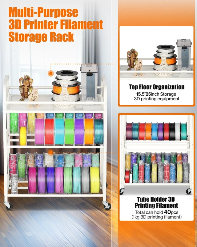 Alt view image 3 of 6 - AHOWPD 3D Printer Filament Storage Rack, Rolling Cart for 40pcs Filaments | 3-tier heavy duty metal 3d printing filaments organizer with Wheels, Spool holders for PLA/ABS/TPU, White