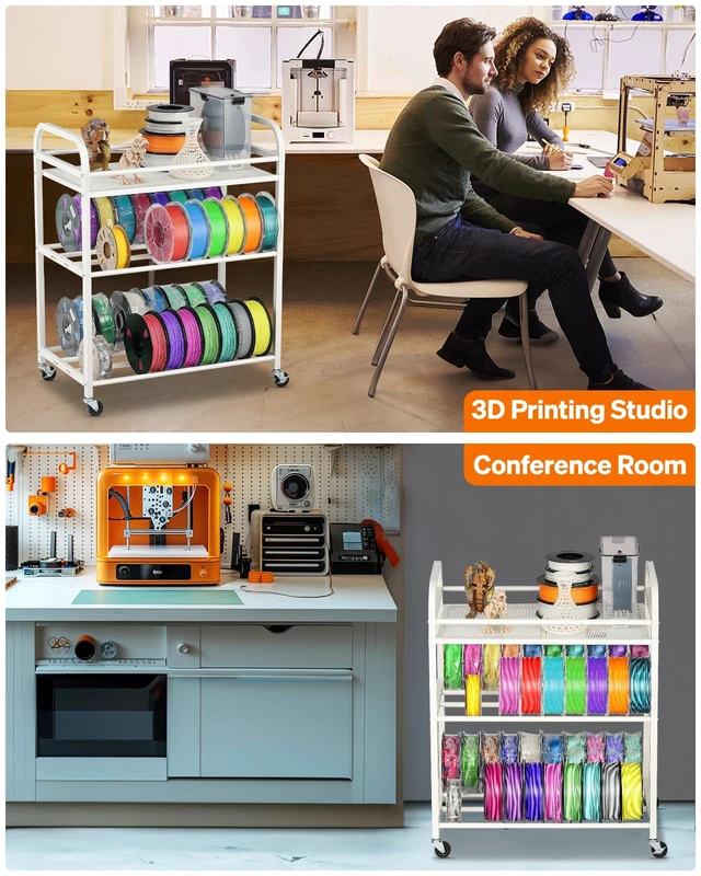 Alt view image 6 of 6 - AHOWPD 3D Printer Filament Storage Rack, Rolling Cart for 40pcs Filaments | 3-tier heavy duty metal 3d printing filaments organizer with Wheels, Spool holders for PLA/ABS/TPU, White