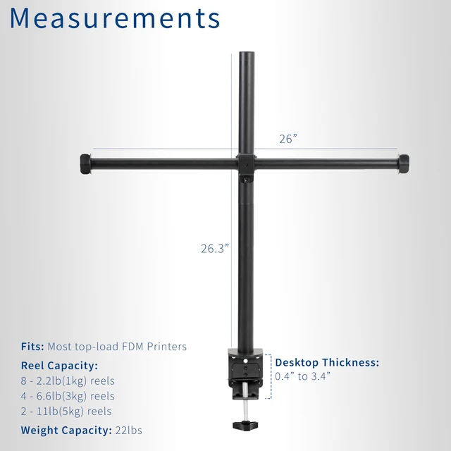 Alt view image 4 of 7 - VIVO Black Clamp-on Steel Filament Holder for 3D Printer, STAND-3DRH | Height Adjustable Spool Support, Holds up to 8 Standard Reels, 22 lbs Total Capacity
