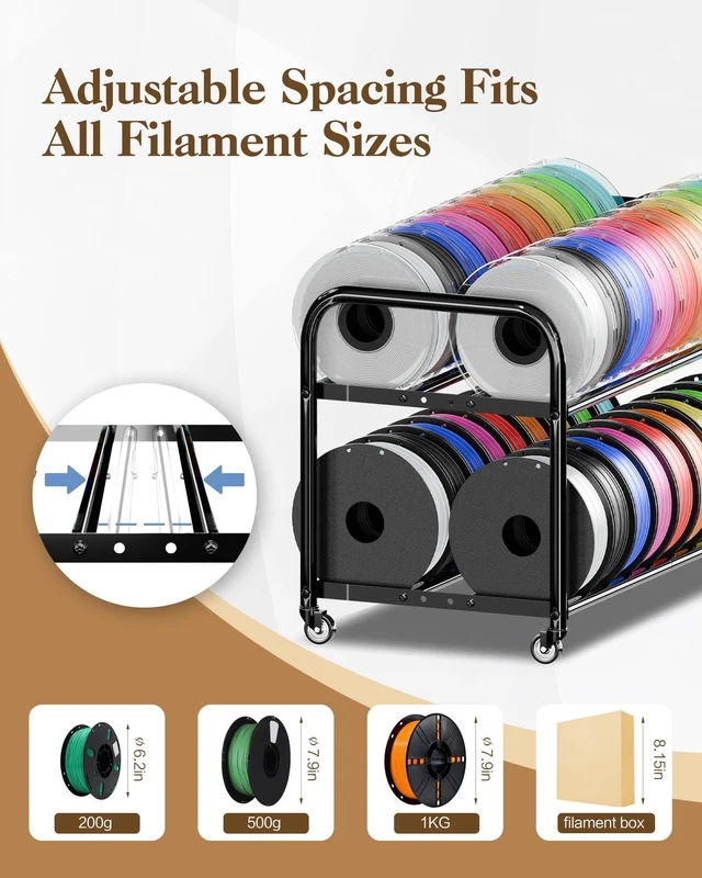 Alt view image 4 of 7 - 3D Printer Filament Storage Rack with Wheels, Rolling Cart, 40+ Spool Shelf | Adjustable for 250g-1KG Spools, 360° Smooth Wheels, Compact 16.5" Wide, Tool-free Assembly. Holds 40 1kg Spools