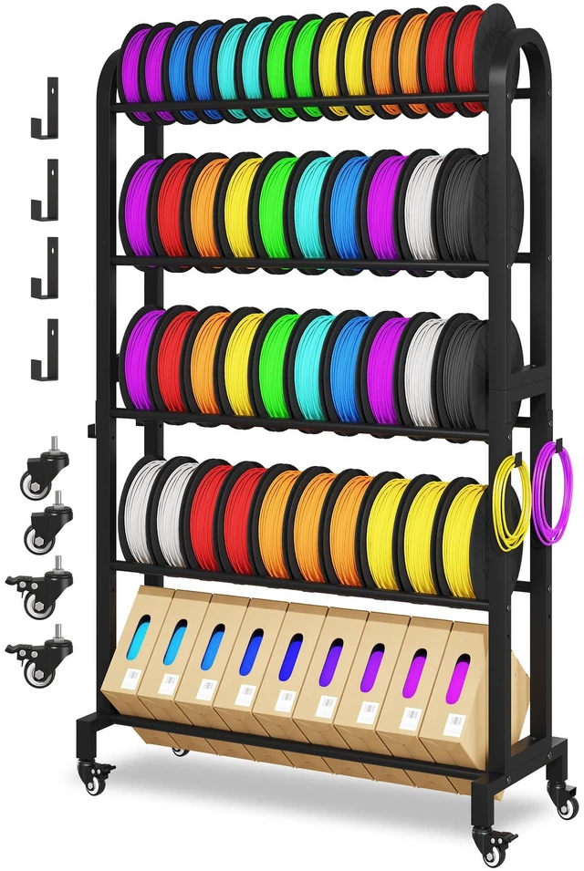 Main image of Anrigeail 3D Printer Filament Storage Rack with Wheels, 5-Tier Adjustable Metal Shelf Holds 40 Spools, Mobile Filament Organizer with Hooks for PLA ABS TPU, 3D Printing Workspace & Studio