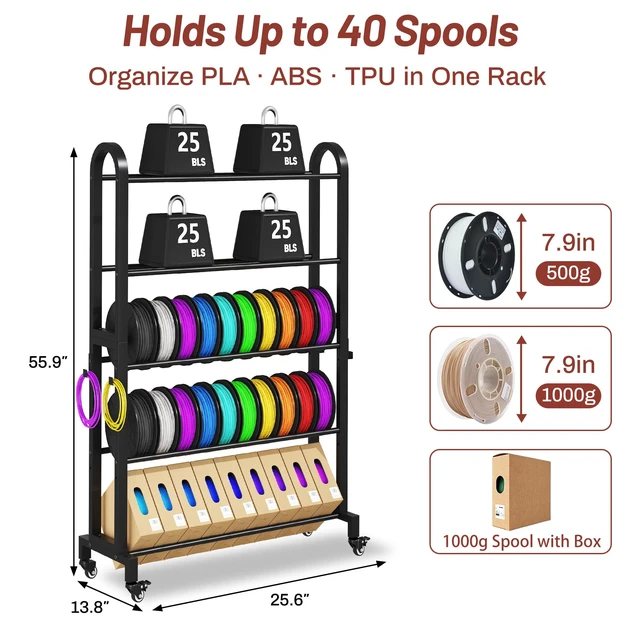 Alt view image 2 of 7 - Anrigeail 3D Printer Filament Storage Rack with Wheels, 5-Tier Adjustable Metal Shelf Holds 40 Spools, Mobile Filament Organizer with Hooks for PLA ABS TPU, 3D Printing Workspace & Studio