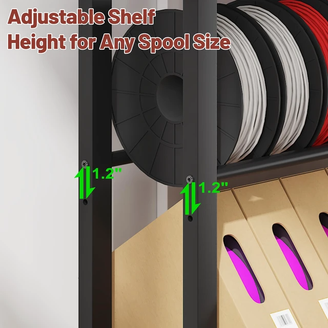 Alt view image 5 of 7 - Anrigeail 3D Printer Filament Storage Rack with Wheels, 5-Tier Adjustable Metal Shelf Holds 40 Spools, Mobile Filament Organizer with Hooks for PLA ABS TPU, 3D Printing Workspace & Studio