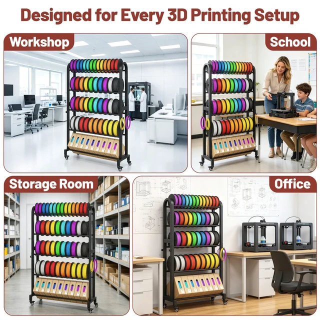Alt view image 7 of 7 - Anrigeail 3D Printer Filament Storage Rack with Wheels, 5-Tier Adjustable Metal Shelf Holds 40 Spools, Mobile Filament Organizer with Hooks for PLA ABS TPU, 3D Printing Workspace & Studio