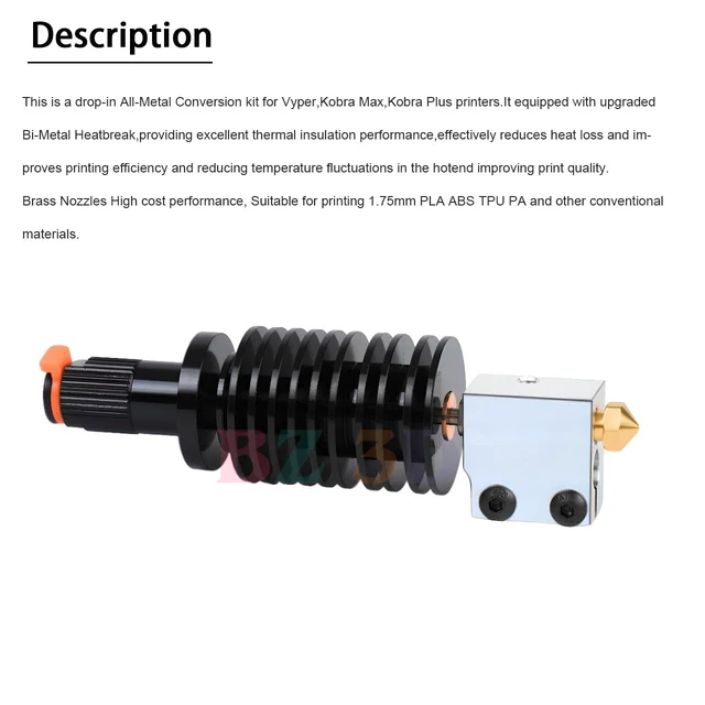 Alt view image 3 of 7 - BZ 3D Vyper All Metal Hotend 24V 40W Kit,Upgrade Bi-Metal Heatbreak,Heater Block Aluminum,Brass Nozzle 0.4mm for Vyper,Kobra Max,Kobra Plus 3D Printer Volcano V5 J-Head Hotend.