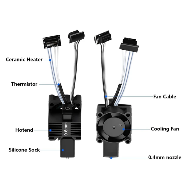 Alt view image 3 of 7 - 2PCS 0.6mm P1S P1P Hotend Complete Kit, Full Assembly Hardened Steel Hot end Print Head with Ceramic Heater, Thermistor, Cooling Fan, Hotend Replacement for Bambu Lab P1 Series