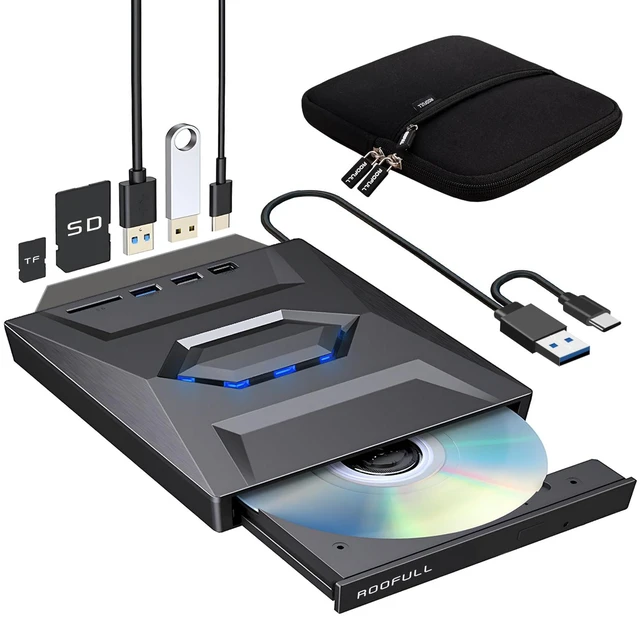 Main image of ROOFULL External CD DVD Drive with USB 3.0/Type-C Hub, SD Reader & Case | Portable CD/DVD ROM +/-RW Drive Burner Player Writer for Laptop Desktop PC Windows 11/10/7, Mac, Linux