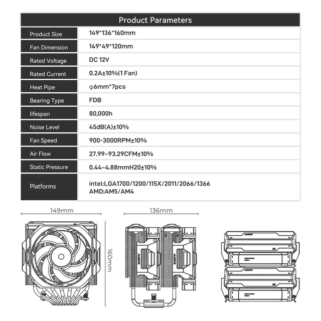 Alt view image 6 of 7 - ALSEYE W700 Pro CPU Cooler Dual-Tower 290W TDP PWM 7 Heat Pipes Copper Bottom Air Cooler ARGB Voice-Activated Synchronized Rhythm Light Cover Koala Fans LGA1700/1200/2011/2066 AM5/AM4 (Black)