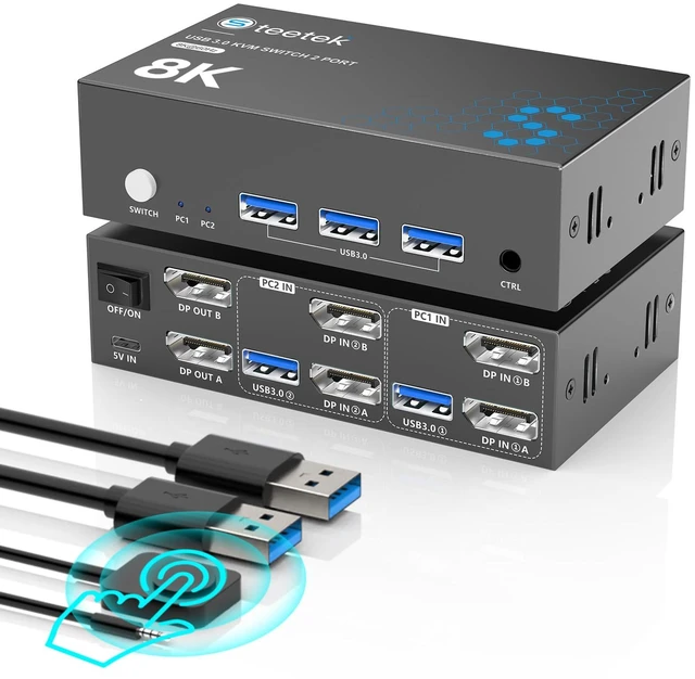 Main image of Hearvo DisplayPort KVM Switch 2 Monitors 2 Computers, 8K@60Hz Dual Monitors | 4K@120Hz Dual Monitors for Sharing Keyboard, Mouse,Printers and External Storage with Adaptive EDID 2 USB Cables - S7230P2