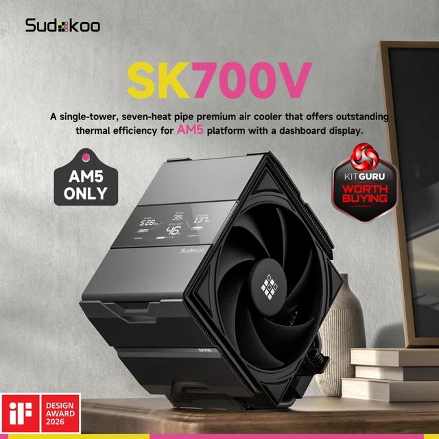 Alt view image 2 of 7 - Sudokoo SK700V AM5 CPU Cooler, AM5 Exclusive, Digital Display, 7 Heatpipes CPU Air Cooler, Single Tower, 120mm FDB PWM Fan, Full RAM Freedom, L-Rail Lock Mount, 5 Years Warranty, Black