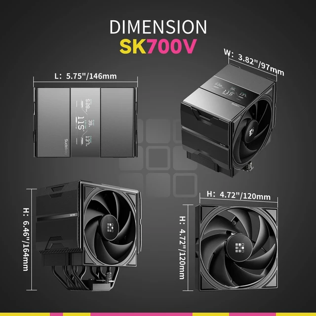 Alt view image 4 of 7 - Sudokoo SK700V AM5 CPU Cooler, AM5 Exclusive, Digital Display, 7 Heatpipes CPU Air Cooler, Single Tower, 120mm FDB PWM Fan, Full RAM Freedom, L-Rail Lock Mount, 5 Years Warranty, Black