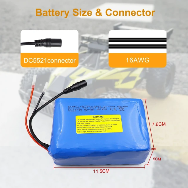 Alt view image 3 of 6 - KBT 36V 5Ah Rechargeable Li-ion Battery Pack, with Charger, Charging Cable, Cable Connector, Build-in 10A BMS