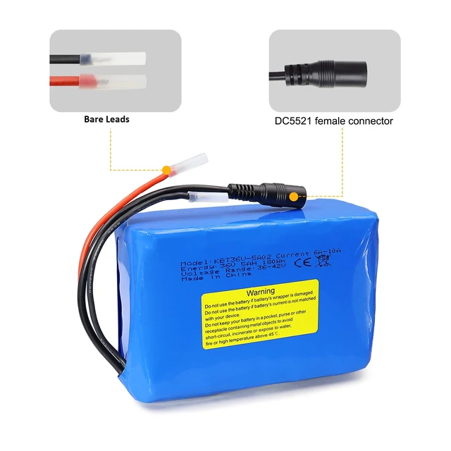 Alt view image 4 of 6 - KBT 36V 5Ah Rechargeable Li-ion Battery Pack, with Charger, Charging Cable, Cable Connector, Build-in 10A BMS