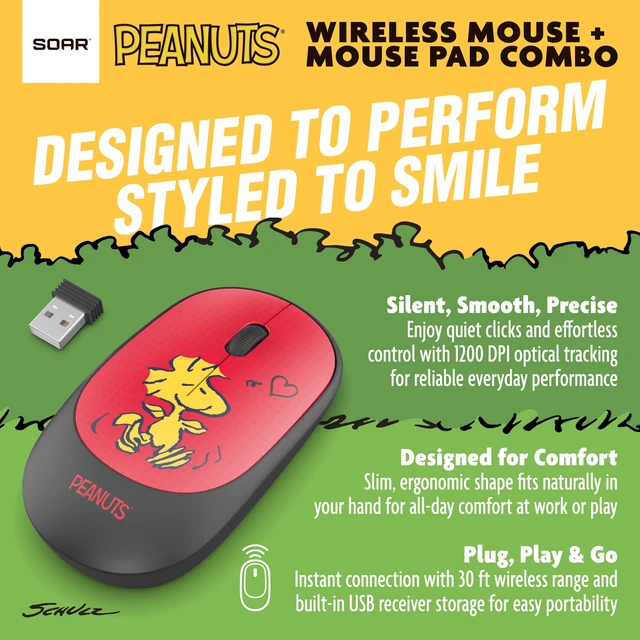 Alt view image 4 of 7 - SOAR Peanuts Snoopy Mouse and Mouse Pad Combo, Snoopy and Woodstock Hug - Red