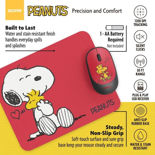 Alt view image 5 of 7 - SOAR Peanuts Snoopy Mouse and Mouse Pad Combo, Snoopy and Woodstock Hug - Red