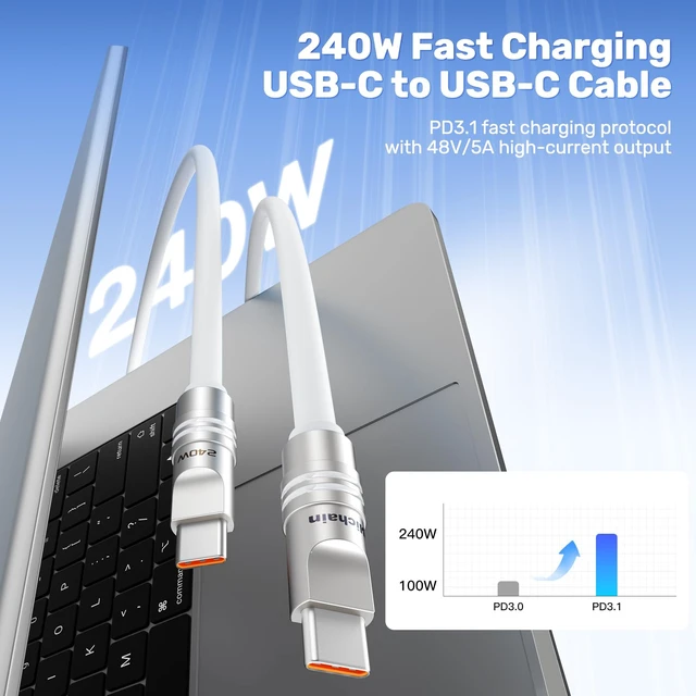Alt view image 2 of 6 - Hichain USB C Cable, 240W Silicone Type C Fast Charge Cord for iPhone 15/16/17 Series, for MacBook Pro 2020, iPad Pro, USB C Charging Cable Fast Charging Cord Type C White 6.5FT