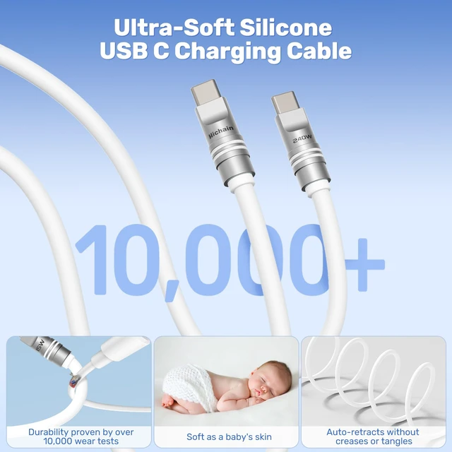 Alt view image 3 of 6 - Hichain USB C Cable, 240W Silicone Type C Fast Charge Cord for iPhone 15/16/17 Series, for MacBook Pro 2020, iPad Pro, USB C Charging Cable Fast Charging Cord Type C White 6.5FT