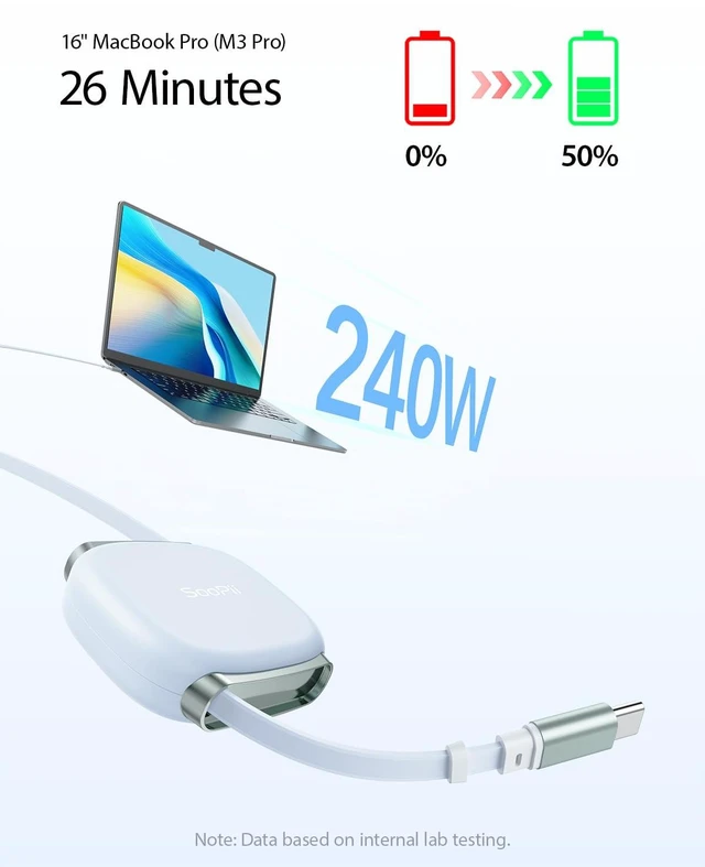 Alt view image 2 of 7 - SOOPII 240W Retractable USB C Cable with Mag Snap Storage (2Pack 3.3FT) | Retractable USB C Fast Charging Cable with 5-Stage Length Preset Type C Cable for lPhone 17/16 Pro Max, Galaxy S25/24, Blue