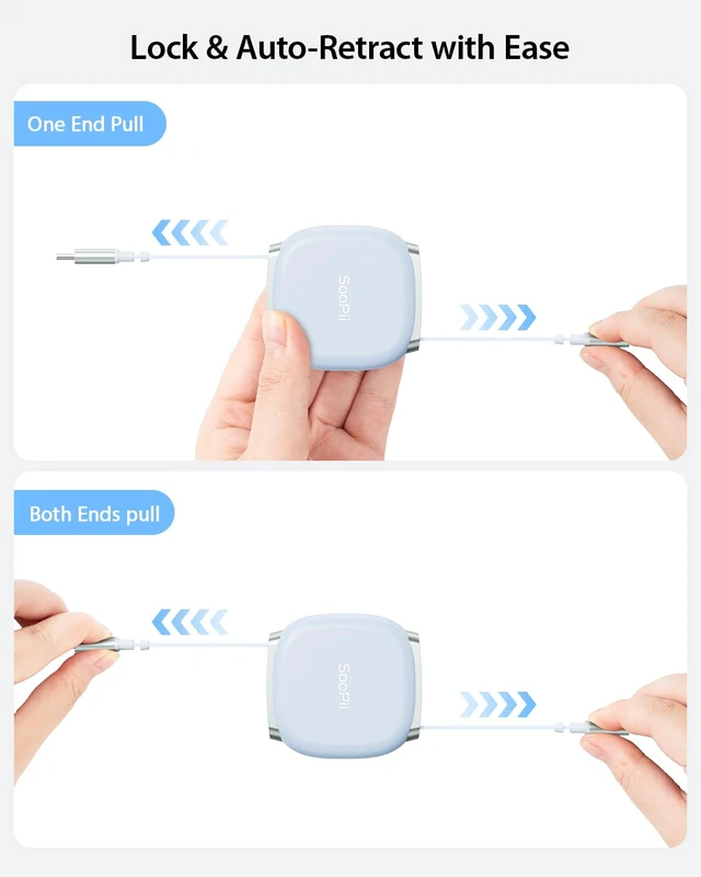 Alt view image 6 of 7 - SOOPII 240W Retractable USB C Cable with Mag Snap Storage (2Pack 3.3FT) | Retractable USB C Fast Charging Cable with 5-Stage Length Preset Type C Cable for lPhone 17/16 Pro Max, Galaxy S25/24, Blue