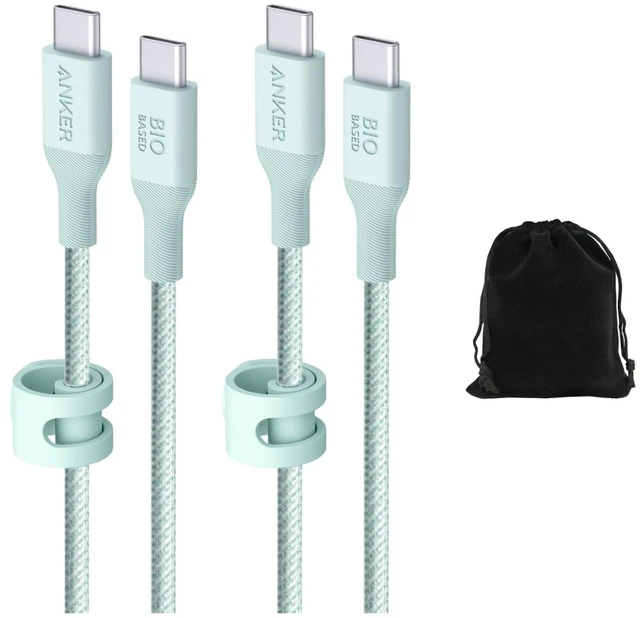 Main image of Anker 544 Bio-Nylon USB-C to USB-C Cable 10FT, Eco-Friendly Fast Charging Cable, Supports 140W PD for Laptops, Tablets, and Smartphones, Heavy-Duty- 30,000 Bend Lifespan, Includes Pouch (2, Green)