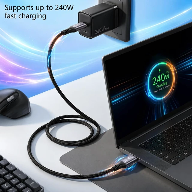 Alt view image 6 of 7 - GGMTY 80Gbps USB4 Cable, 240W PD 3.1, Braided USB C Male to Male, 3.3FT | 80Gbps USB C data and 240W charging in a 3.3FT braided cable for laptops, docks, SSDs, displays, and everyday office use
