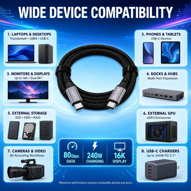 Alt view image 2 of 7 - GGMTY 80Gbps USB4 Cable, 240W PD 3.1, Braided USB C Male to Male, 3.3FT | 80Gbps USB C data and 240W charging in a 3.3FT braided cable for laptops, docks, SSDs, displays, and everyday office use