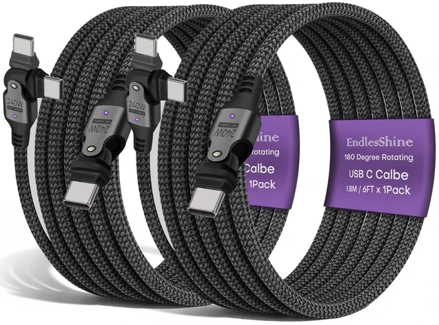 Main image of EndlesShine USB C to USB C Cable 6FT, 180 Rotation PD 240W Black 2 Pack | Fast Charging 480Mbps Data Transfer, Type C Charger Cord with E-Marker Chip, for Laptop Phone iPad
