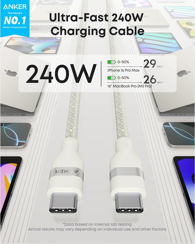 Alt view image 2 of 6 - Anker Nano USB C to USB C Cable, 240W Fast Charging Cable (White, 6ft) | Flexible Multi-Color Braided Charger for iPhone 18 / 17 Series, MacBook Pro, and More