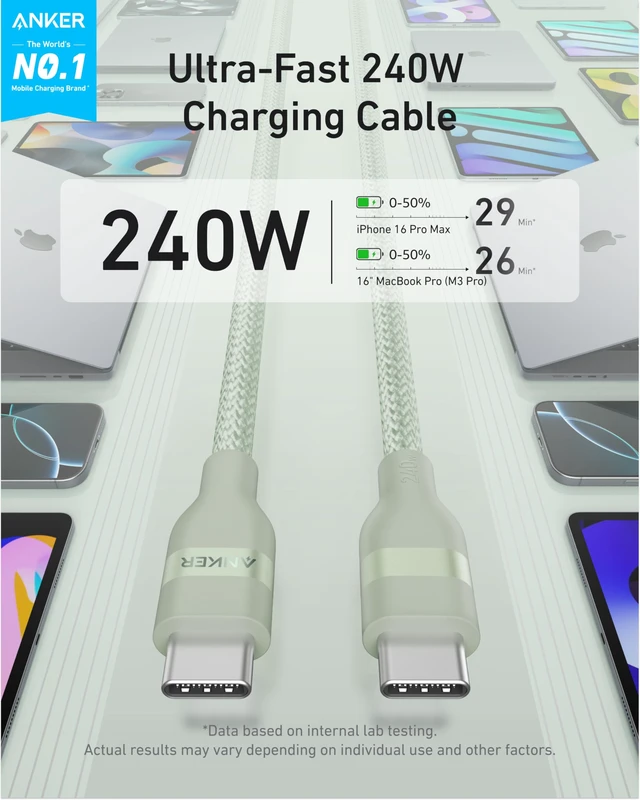 Alt view image 2 of 5 - Anker Nano USB C to USB C Cable, 240W Fast Charging Cable (Green, 6ft) | Flexible Multi-Color Braided Charger for iPhone 18 / 17 Series, MacBook Pro, and More