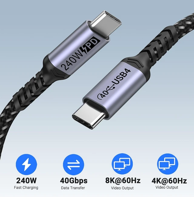 Alt view image 2 of 7 - SUMPK Long USB 4 Cable 10ft 240W, 2 Packs, 40Gbps Data, 8K Video Monitor