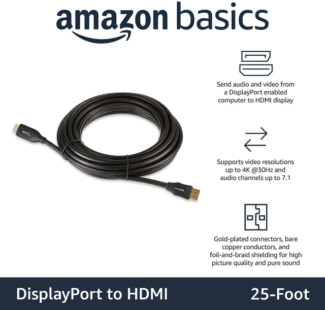 Alt view image 2 of 4 - Amazon Basics DisplayPort to HDMI Cable, Video and Audio, Uni-Directional, 1920x1200, 1080p, Gold-Plated Plugs, 25 Foot, Black
